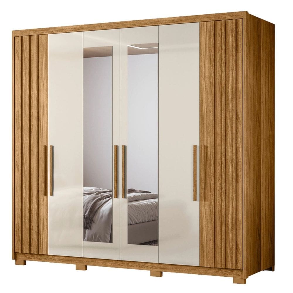 Guarda Roupas Casal Detalhe Ripado Com Espelho 6 Portas 4 Gavetas Roma Madeirado/Off White