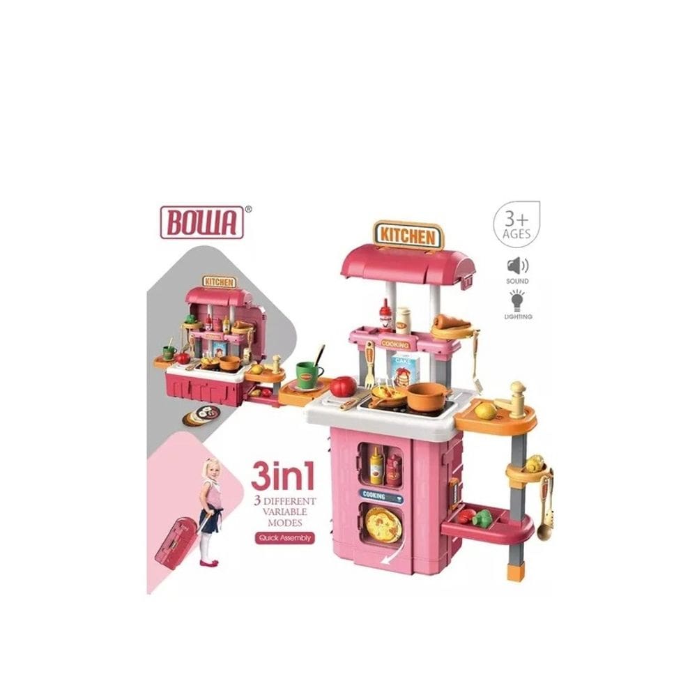Cozinha de brinquedo para meninas 3 em 1 com luzes, torneira de água e mais de 29 andares