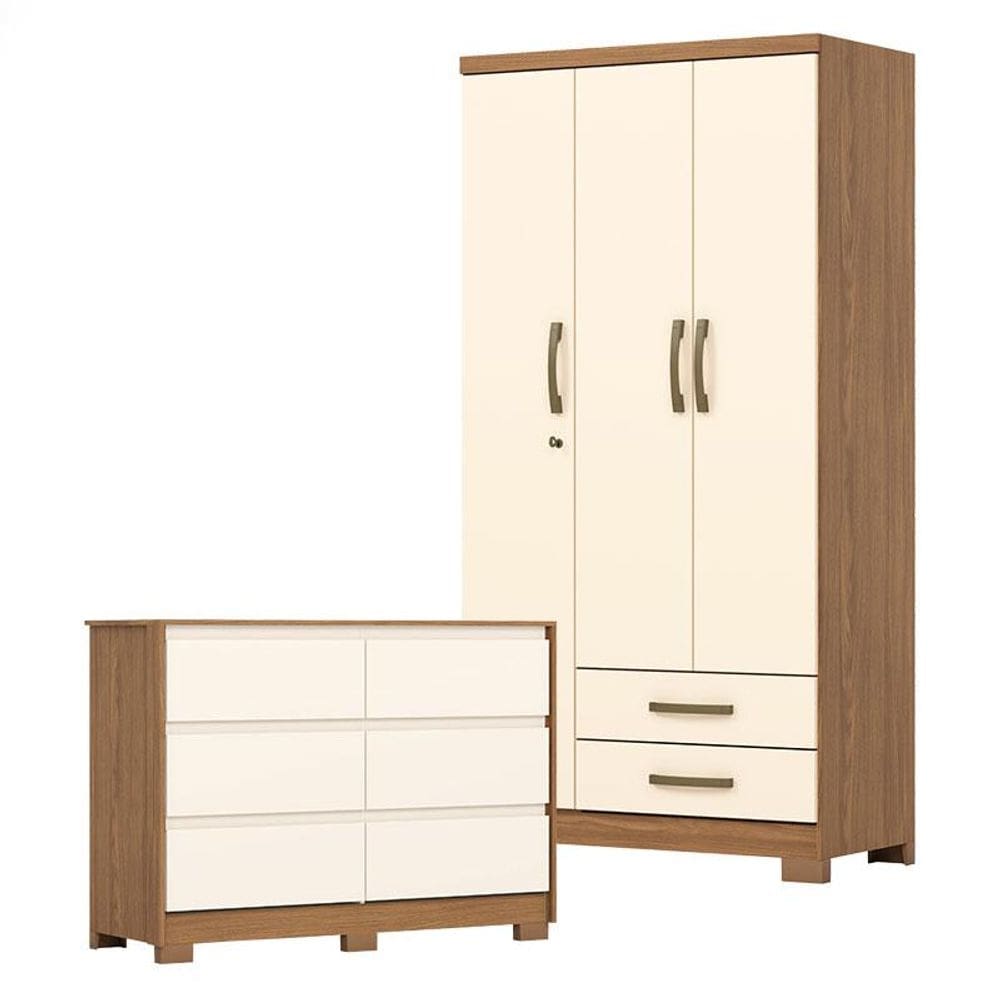 Guarda Roupa Casal Açaí e Cômoda Ravenna Nature Off White - Henn