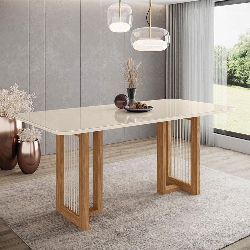 Mesa de Jantar Yara Ambiente 180 cm Canto Arredondado com Vidro Nature Off White - Henn