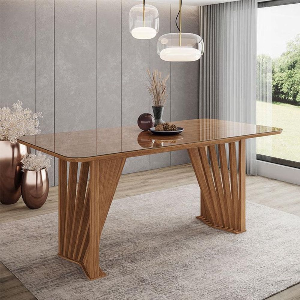 Mesa de Jantar Adriana Ambiente 200 cm Canto Arredondado com Vidro Nature - Henn