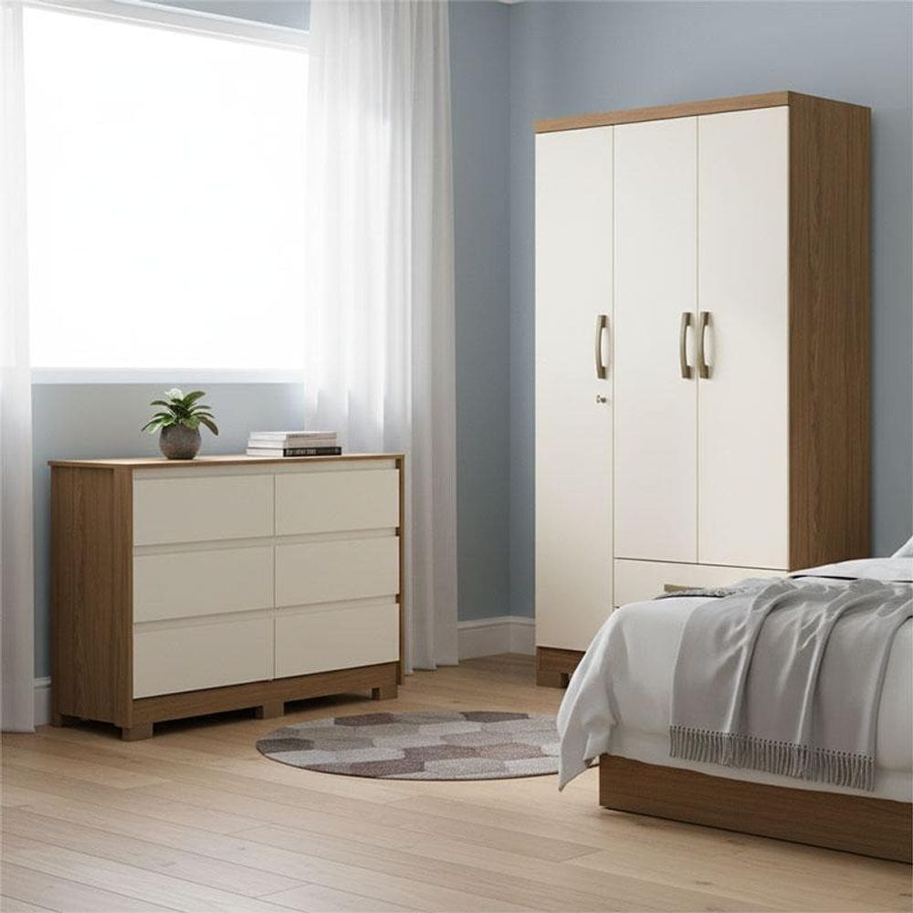 Guarda Roupa Casal Açaí Ambiente e Cômoda Ravenna Nature Off White - Henn