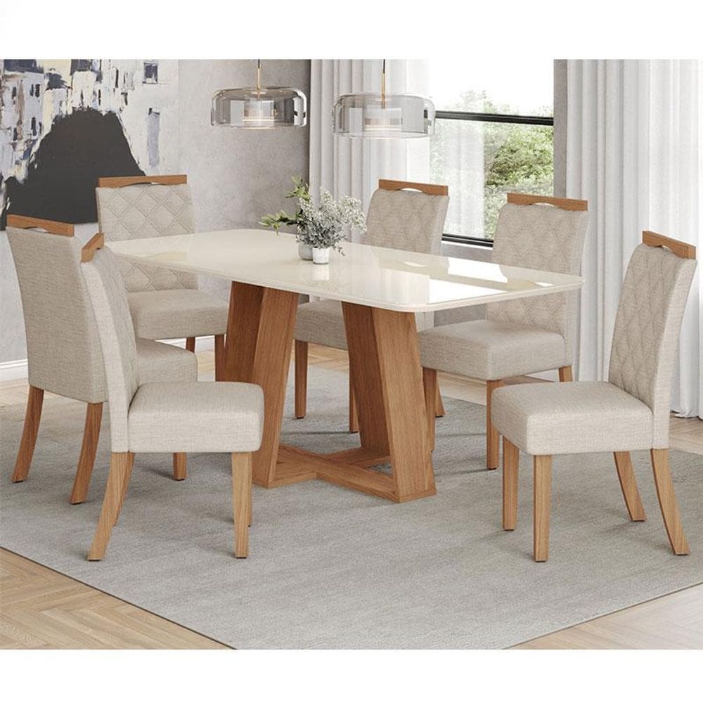 Mesa de Jantar Lins 160cm Canto Arredondado com Vidro Ambiente Nature Off White com 6 Cadeiras Bella Linho - Henn