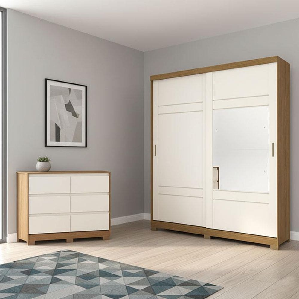 Guarda Roupa Casal Verg e Cômoda Ravenna Ambiente Nature Off White - Henn