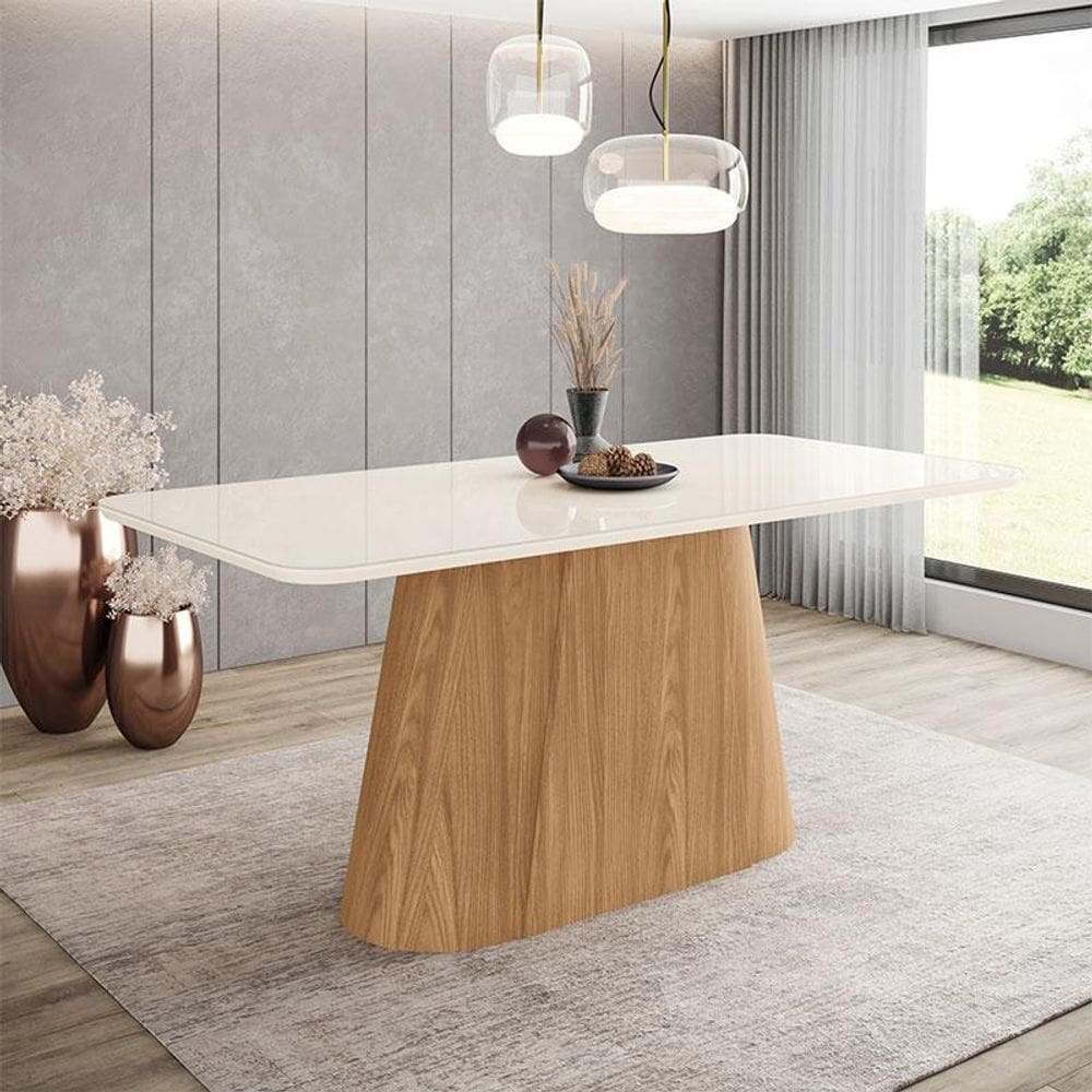 Mesa de Jantar Olivia Ambiente 180 cm Canto Arredondado com Vidro Nature Off White - Henn