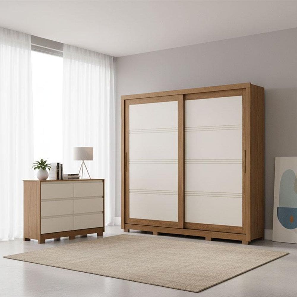 Guarda Roupa Casal Medelín e Cômoda Ravenna Ambiente Nature Off White - Henn