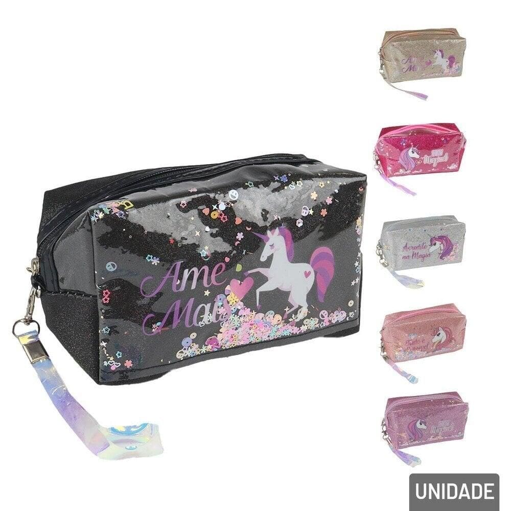 Necessaire de Poliéster 24cm Unicórnio Glitter - Tudo em Caixa