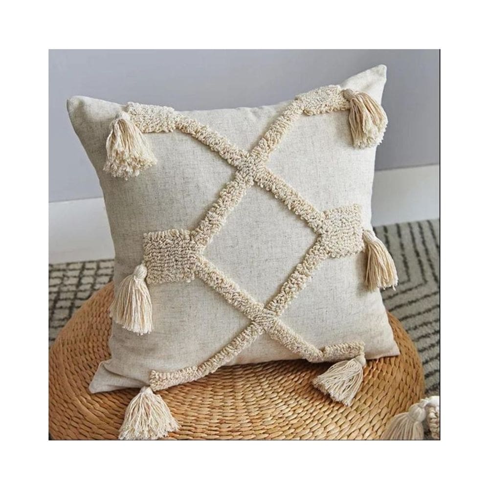 Pacote de 2 capas de almofada: linho bege com borlas, 45 x 45 cm, nórdicas