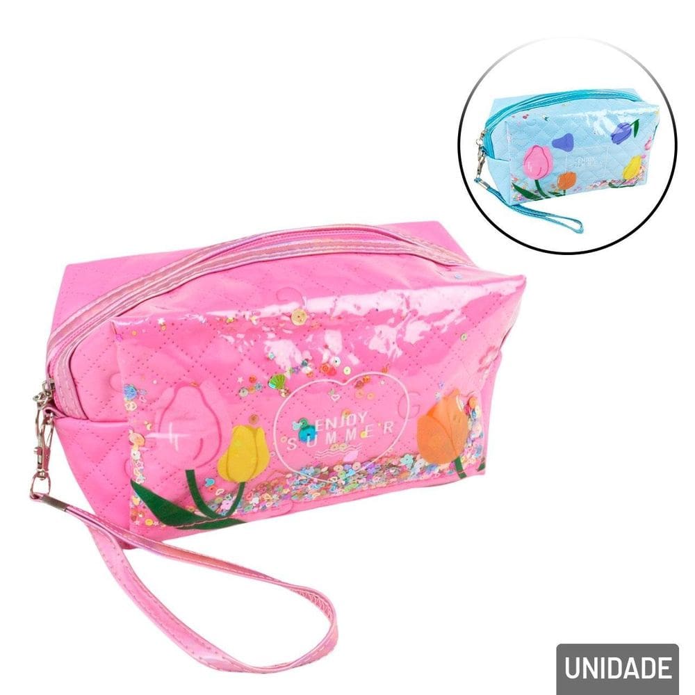 Necessaire de PVC e PU 18cm Flores Color - Tudo em Caixa
