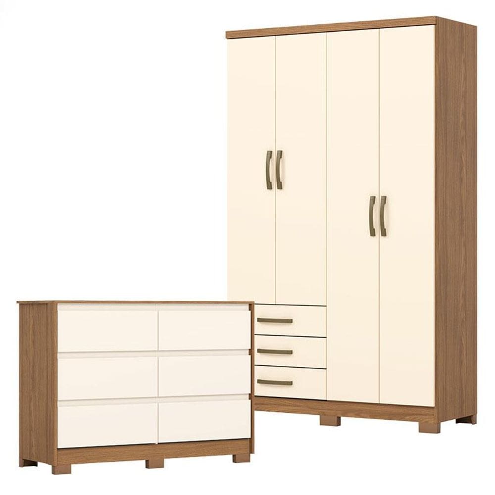 Guarda Roupa Solteiro Caju 4 Portas e Cômoda Ravenna Nature Off White - Henn