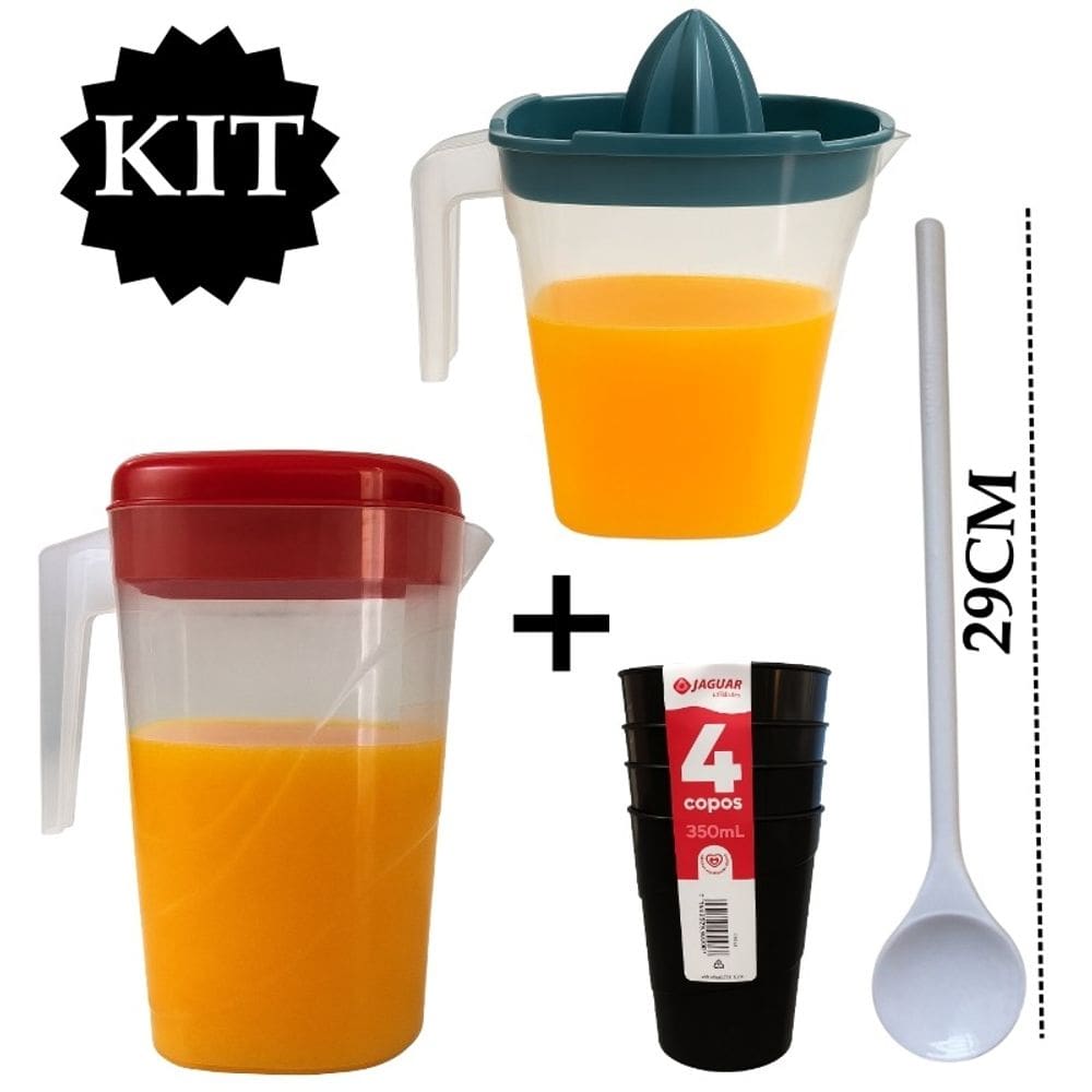 Kit Jarra 2 Litros + Jarra 1,2 Litros Com Espremedor + Colher Misturadora + 4 Copos plástico 350 ML