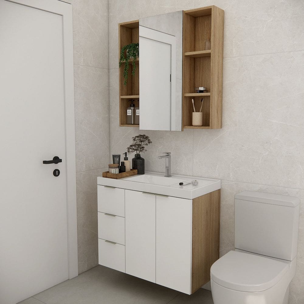Conjunto de Banheiro com Cuba 80cm Gaveta Esquerda Vittare Carvalho/Branco
