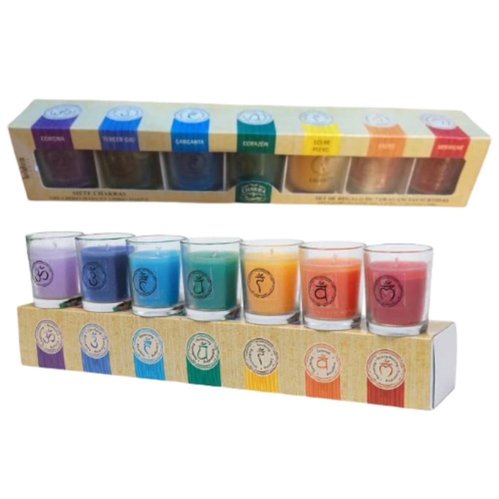 Conjunto de velas de 7 chakras em copos de vidro