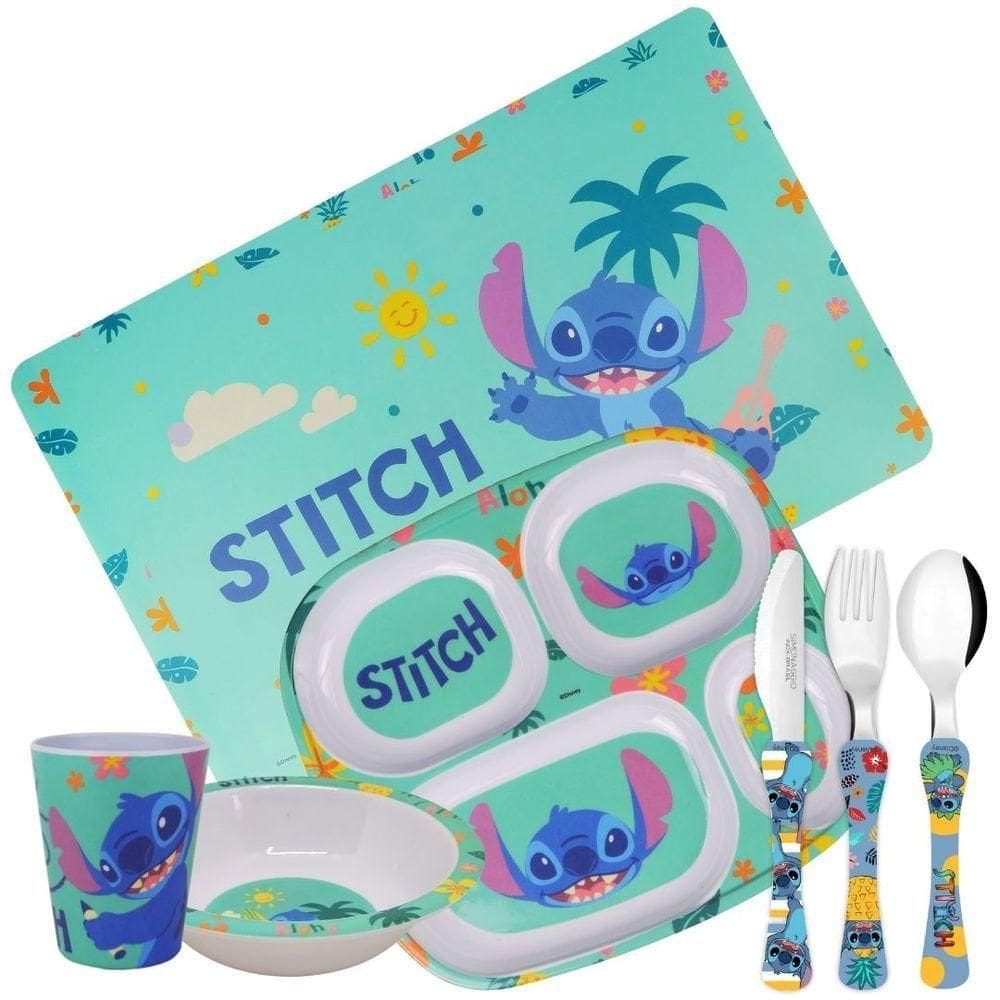 Jogo Refeição Infantil Melamina Stitch Disney 7 Peças Incluso Talheres Inox - Tuut