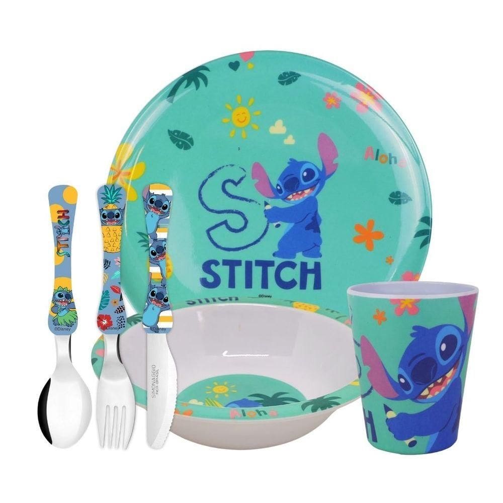 Kit Refeição Infantil Melamina Stitch Disney 6 Peças Pratos, Copo E Talheres Inox - Tuut