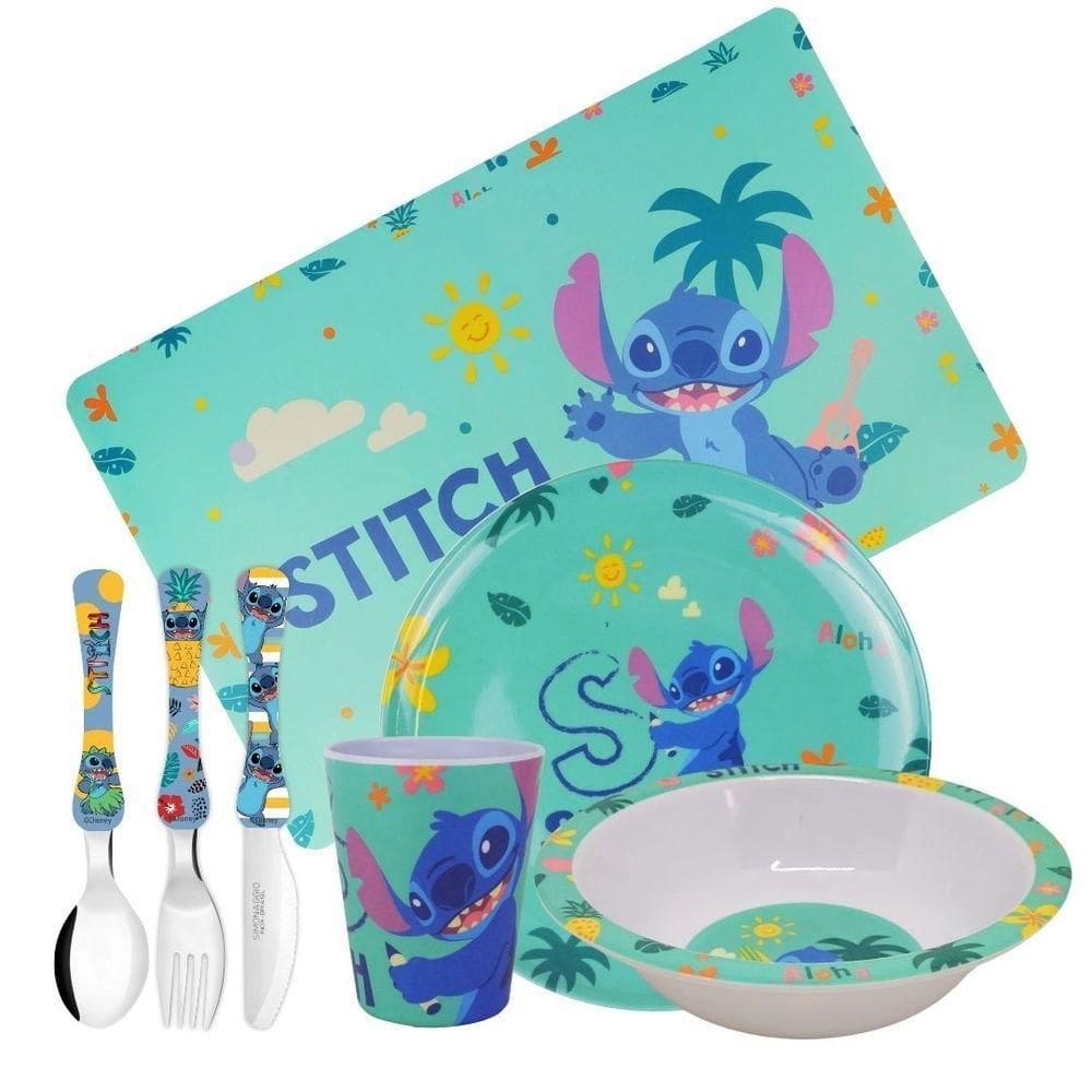 Kit Refeição Infantil Melamina Stitch Disney 7 Peças Incluso Talheres Inox - Tuut