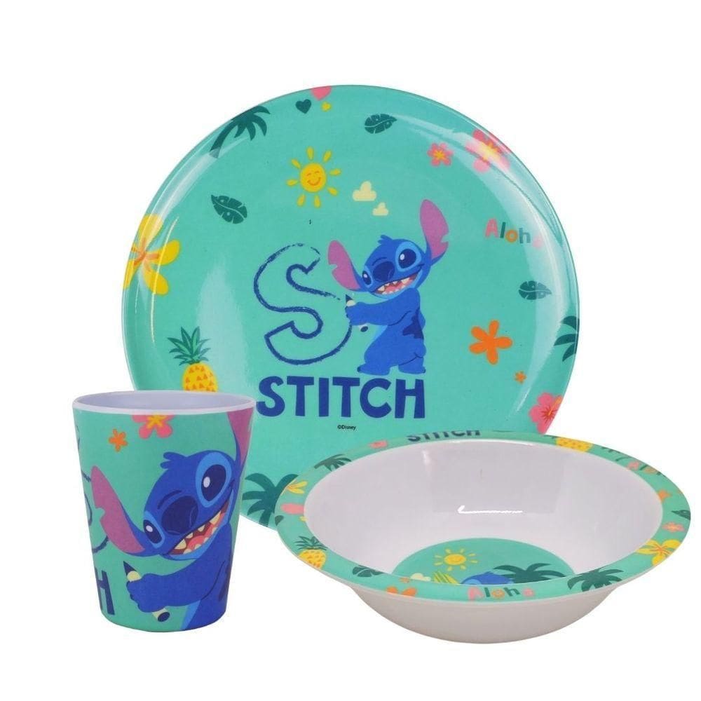 Kit Refeição Infantil Melamina Stitch Disney 3 Peças Prato, Tigela E Copo - Tuut