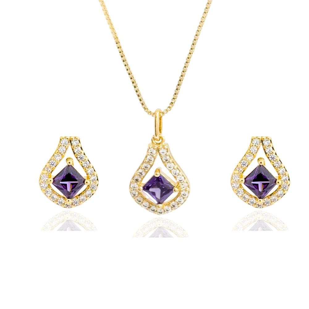 Conjunto Gota Cristal e Quadrado Lilás Banhado a Ouro