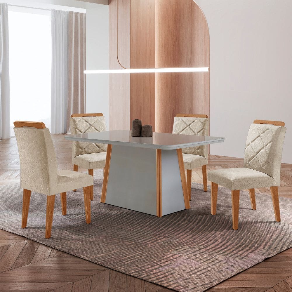 Mesa de Jantar Diane Tampo 120cm MDF Vidro Canto Copo e 4 Cadeiras Melissa Moderna Mobilia