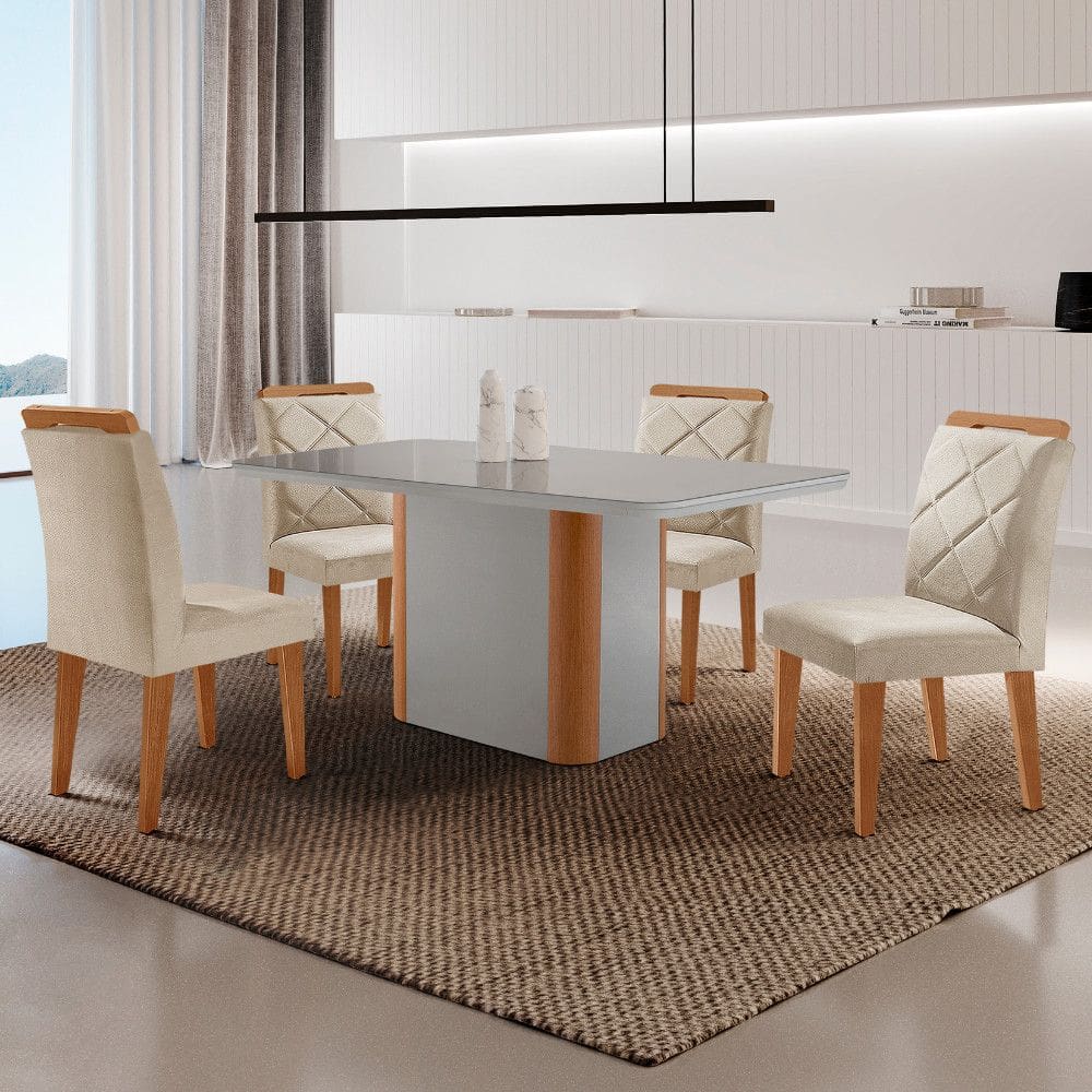 Mesa de Jantar Isadora Tampo 120cm MDF Vidro Canto Copo e 4 Cadeiras Melissa Moderna Mobilia