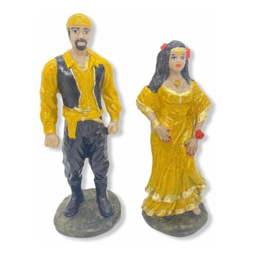 Escultura Umbanda Ciganos Casal Amarelo 15 Cm Resina