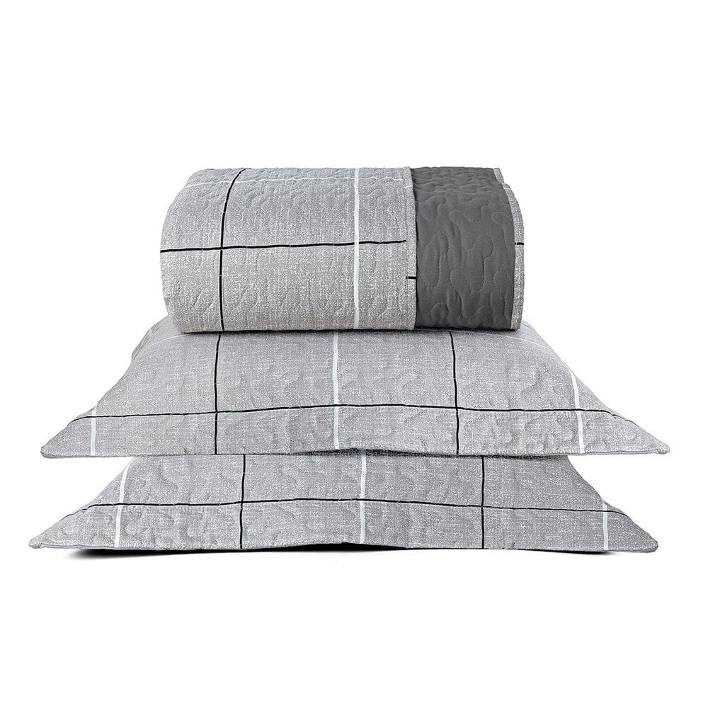 Kit Cobre Leito Colcha Celi Casal Padrão Dupla Face Micropercal 200 Fios 3 Peças Xadrez Grid Cinza