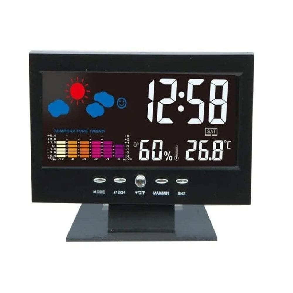 Despertador LCD, luz colorida, indicador de temperatura, USB