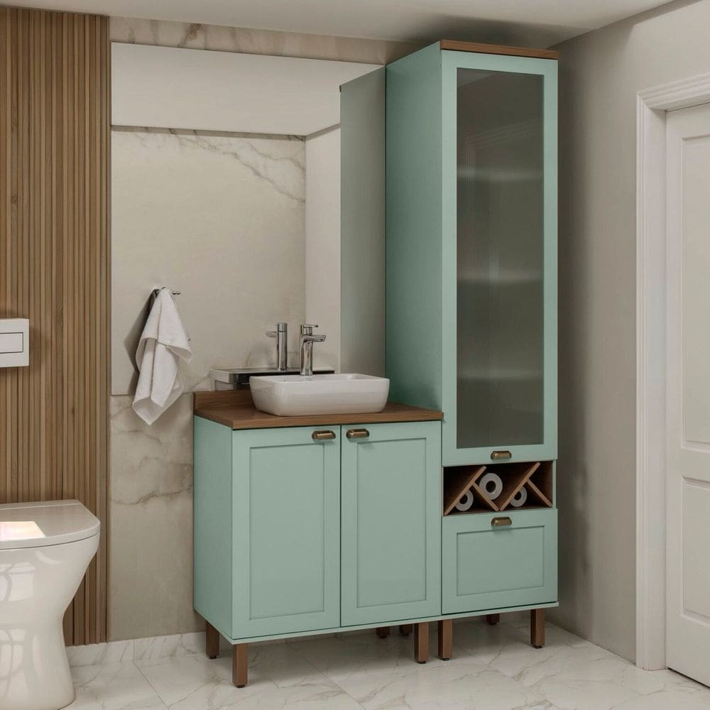 Conjunto de Banheiro Modulado 100% Mdf Americano 2 Peças com Armário de Vidro Iluminata Verde Mint/Ébano Fosco