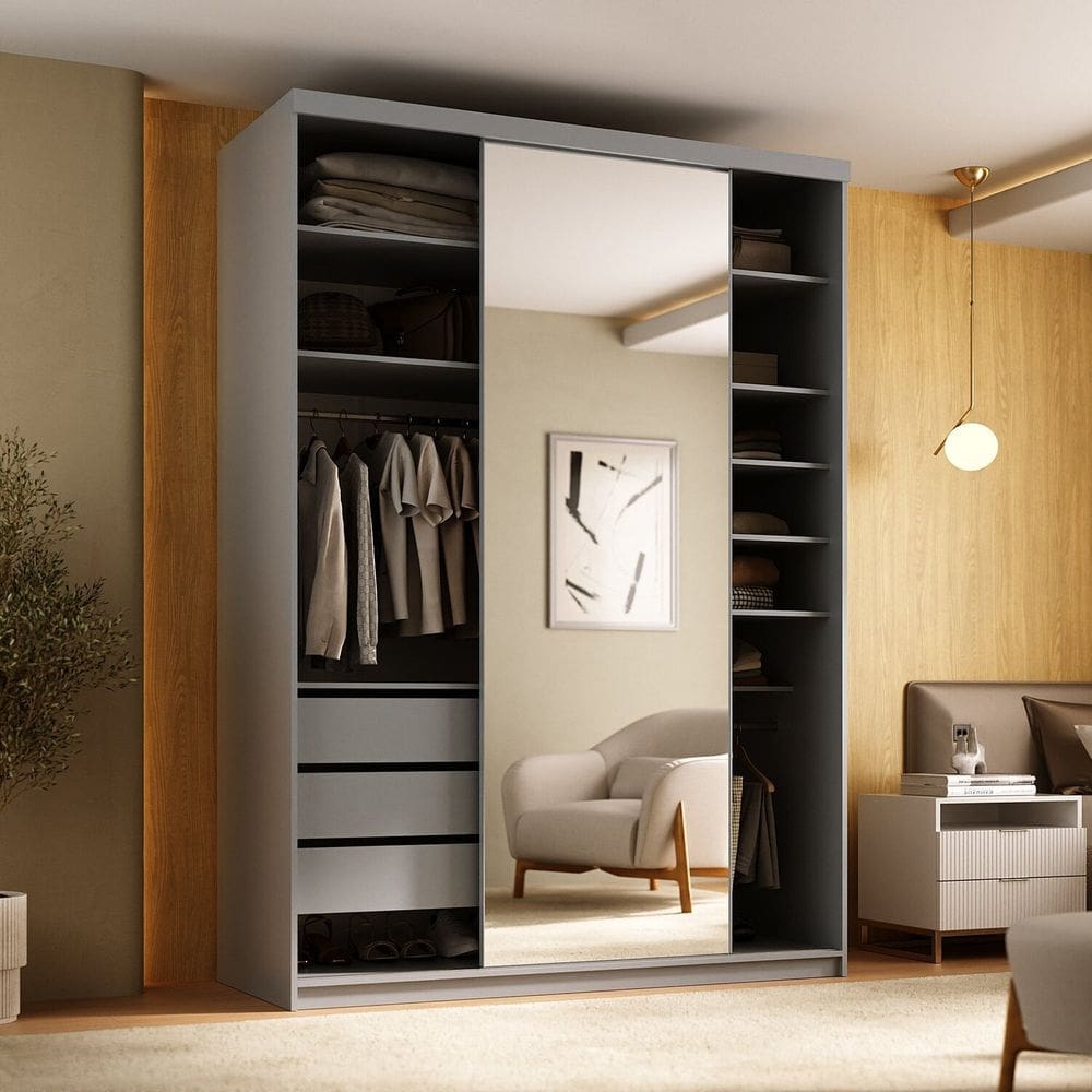 Guarda-roupa Closet Solteiro 100% Mdf 139cm com 1 Porta Espelho 3 Gavetas Sion Urbi