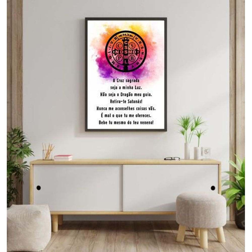 Quadro Decorativo Oração Medalha De São Bento Moldura Preta