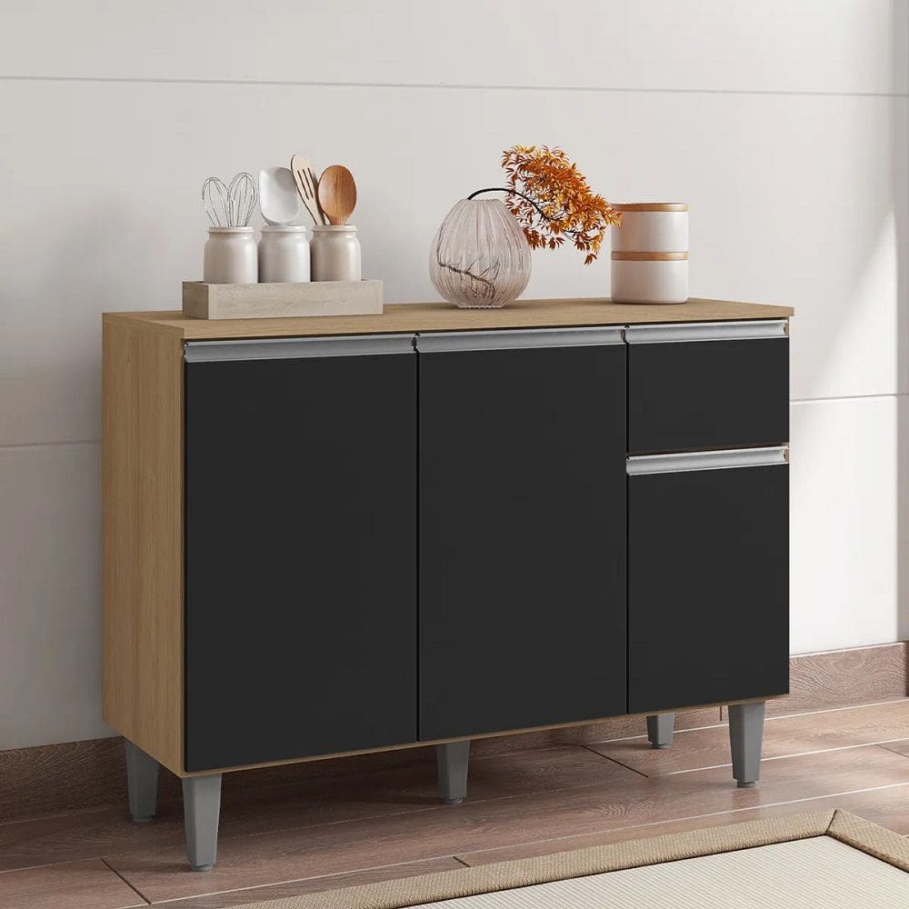 Armário Organizador Cozinha Vanessa Amêndoa/Preto C/Tampo 3 Portas 1 Gaveta - AJL Móveis