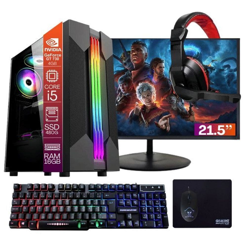 Computador PC Gamer Completo TOB Core i5 SSD 480GB 16GB VGA GT730 4GB Windows 10 Pro Trial + Teclado/Mouse + Mouse Pad + Headset + Monitor 21.5