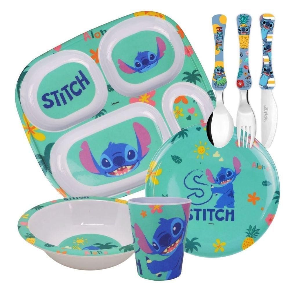 Jogo Refeição Infantil Melamina Stitch Disney 7 Peças Pratos, Copo E Talheres Inox - Tuut
