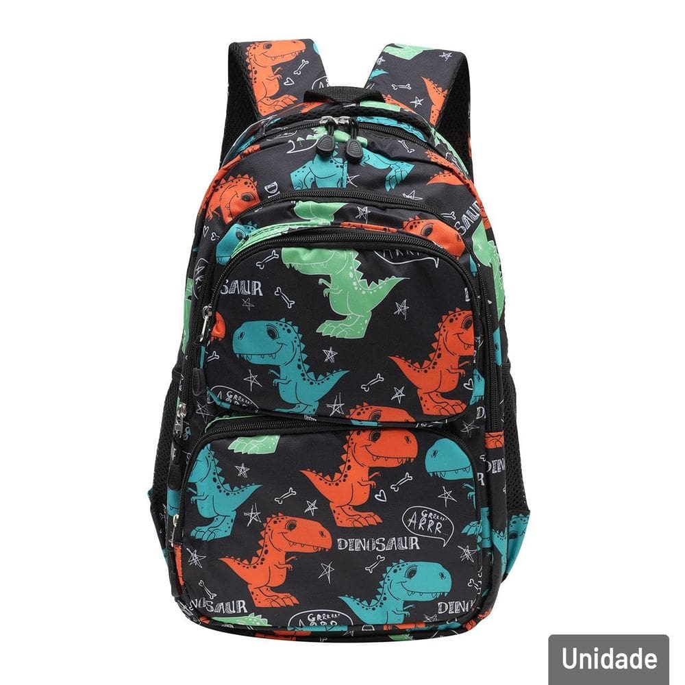 Mochila Juvenil 18`` 46cm Dinossauro Preto - Tudo em Caixa