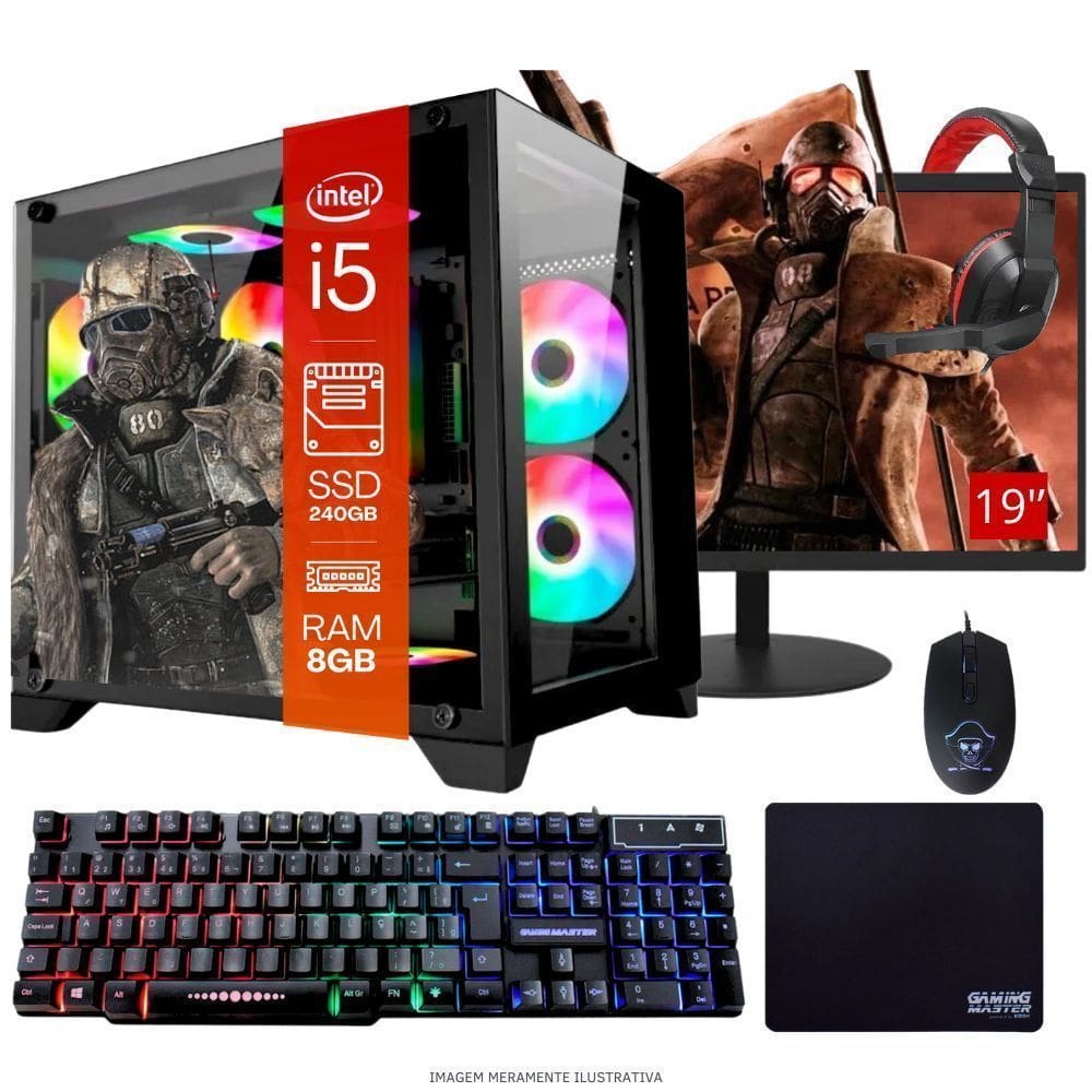Computador PC Gamer Completo TOB Intel Core i5 SSD 240GB 8GB Gabinete Aquário Teclado Mouse Mouse Pad e Headset Gamer Monitor 19” Windows 10 Pro Trial