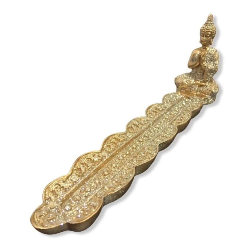 Porta-incensos dourado com figura de Buda em poliresina 20,5 cm