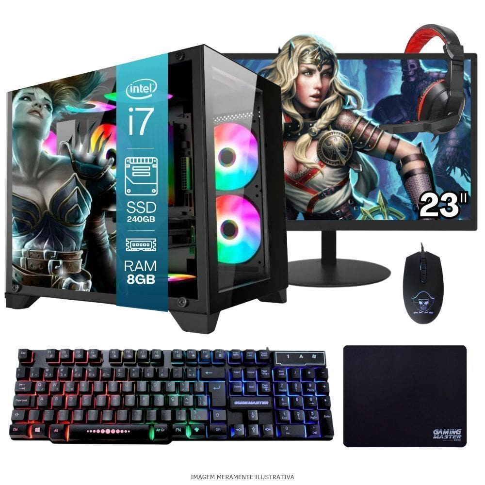 Computador PC Gamer Completo TOB Intel Core i7 SSD 240GB 8GB Gabinete Aquário Teclado Mouse Mouse Pad e Headset Gamer Monitor 23” Windows 10 Pro Trial