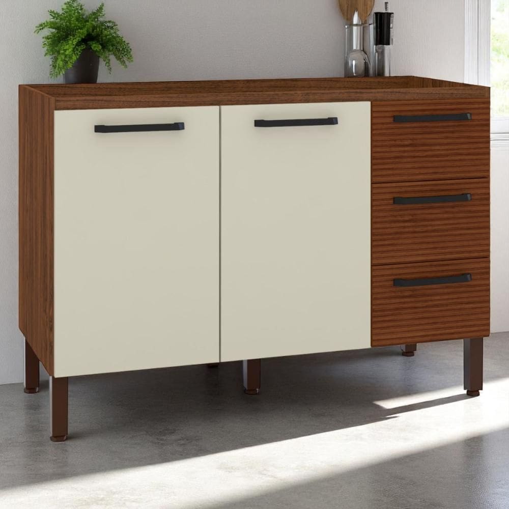 Balcão 2 portas 3 gaveteiros 1,20 Ametista Nogueira Off White Ripado