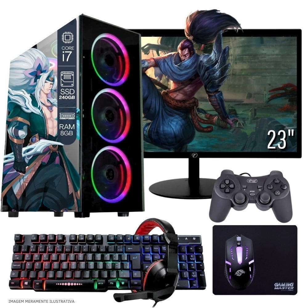 Computador PC Gamer Completo TOB Intel Core i7 SSD 240GB 8GB Teclado Mouse Mouse Pad e Headset Gamer Joystick Monitor 23” Windows 10 Pro Trial