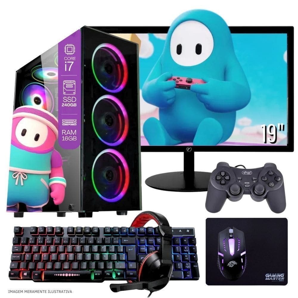 Computador PC Gamer Completo TOB Intel Core i7 SSD 240GB 16GB Teclado Mouse Joystick Mouse Pad e Headset Gamer Monitor 19” Windows 10 Pro Trial