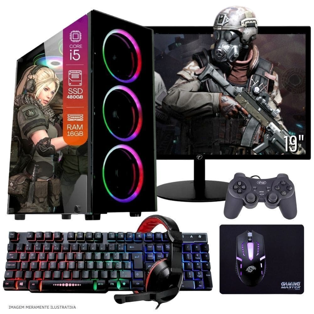 Computador PC Gamer Completo TOB Intel Core i5 SSD 480GB 16GB Teclado Mouse Mouse Pad e Headset Gamer Joystick Monitor 19” Windows 10 Pro Trial