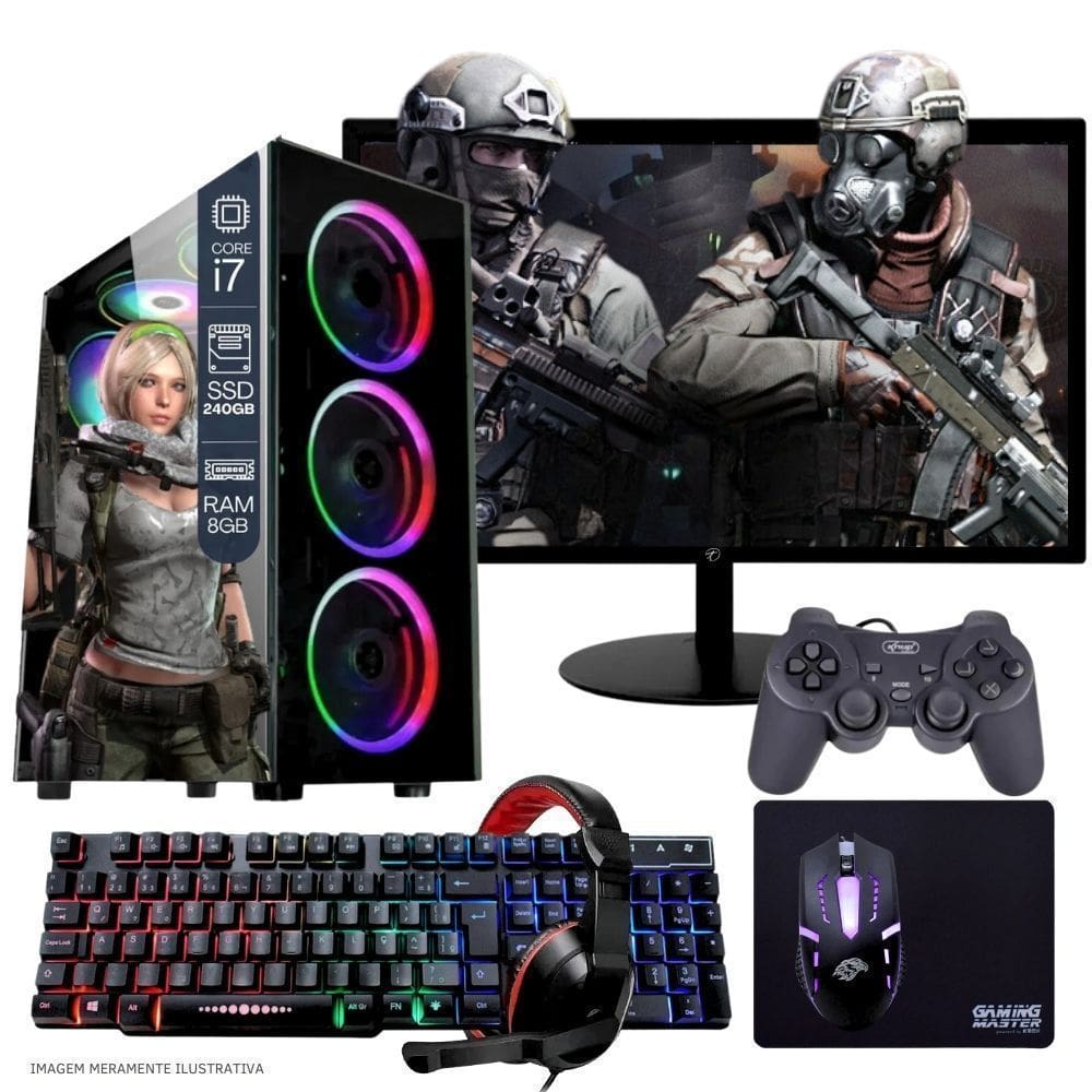 Computador PC Gamer Completo TOB Intel Core i7 SSD 240GB 8GB Teclado Mouse Mouse Pad e Headset Gamer Joystick Monitor 19” Windows 10 Pro Trial