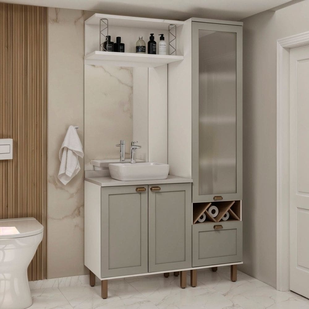 Conjunto de Banheiro Modulado 100% Mdf Americano 3 Peças com Armário de Vidro Iluminata Branco/Cinza/Cinza