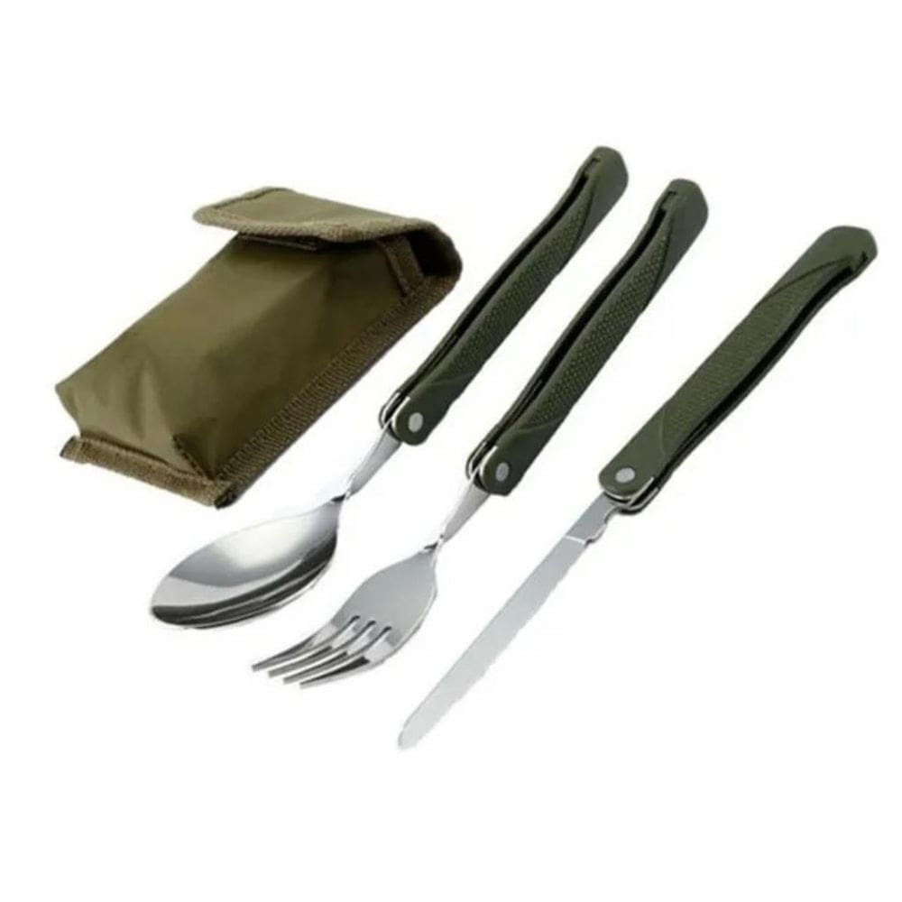 Kit Talheres Dobrável Inox Para Camping Trilha Com Bainha