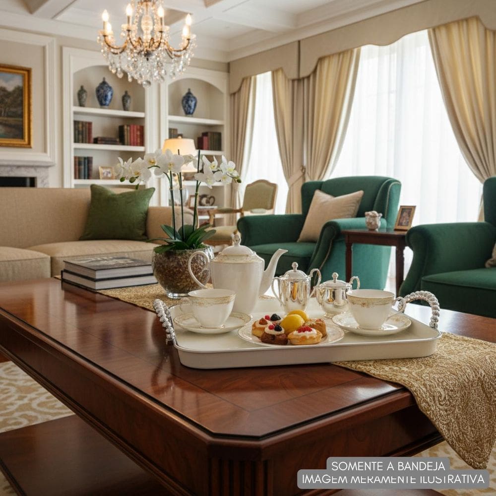 Bandeja Decorativa Branca Alças Pratas Retangular Banheiro