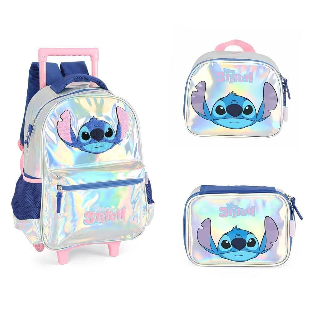 Kit Mochila Rodinhas + Lancheira + Estojo Box Stitch - Prata