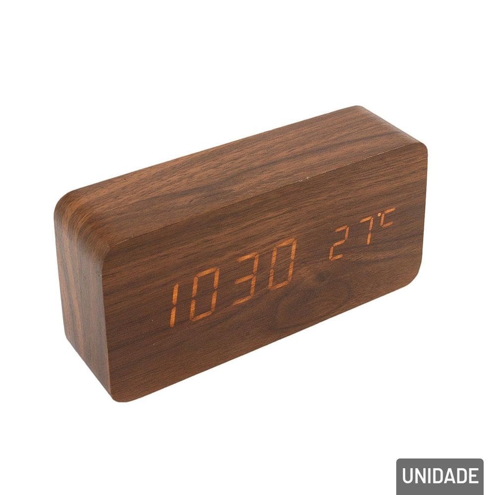 Relógio de Mesa Digital 15cm Madeira Despertador - Tudo em Caixa