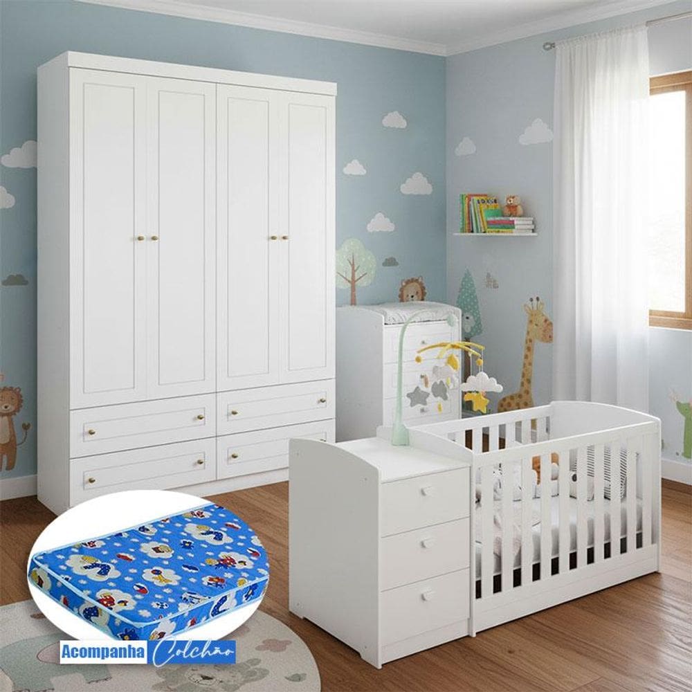 Berço Multifuncional Atlanta e Guarda Roupa Americano 4 Portas Henn Ambiente Branco Fosco com Colchão Ortobom - Reller