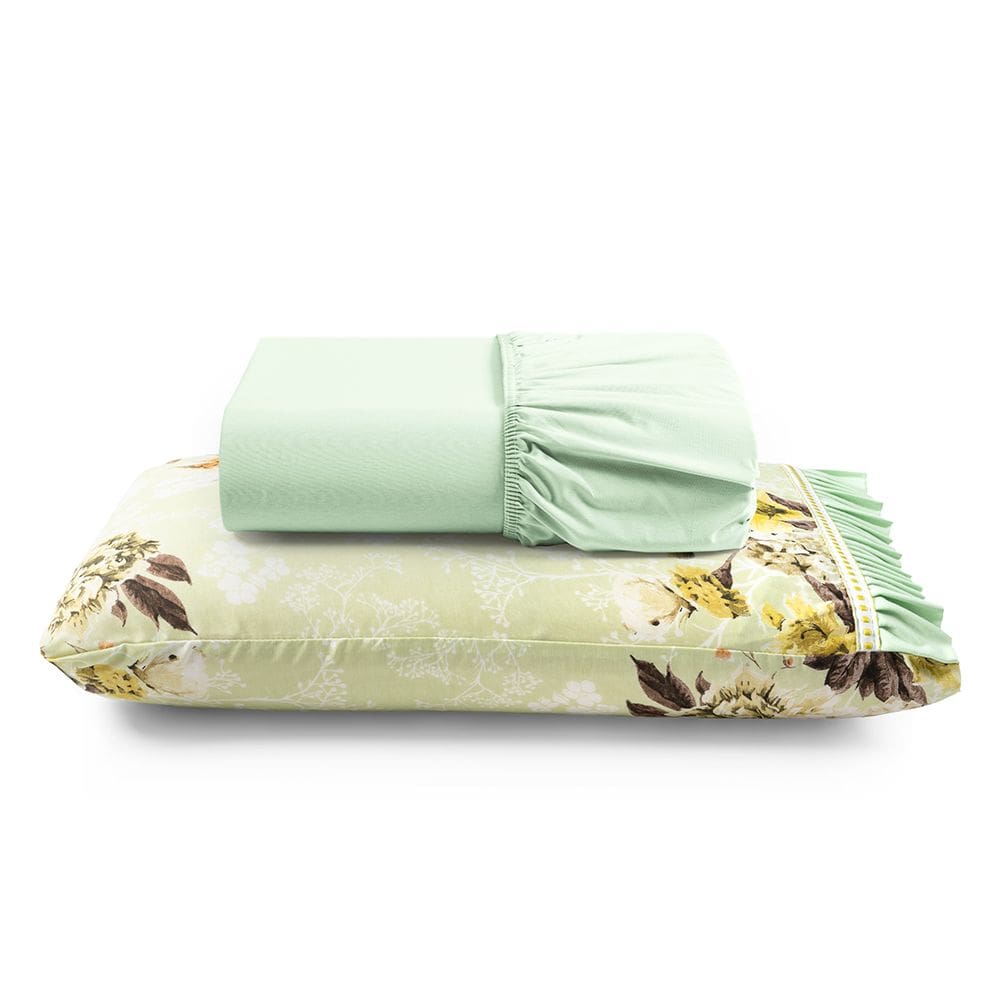 Jogo Cama Lençol Fiore Solteiro Estampado 180 Fios 100% Algodão com Babadinho 2 Peças Verde Floral