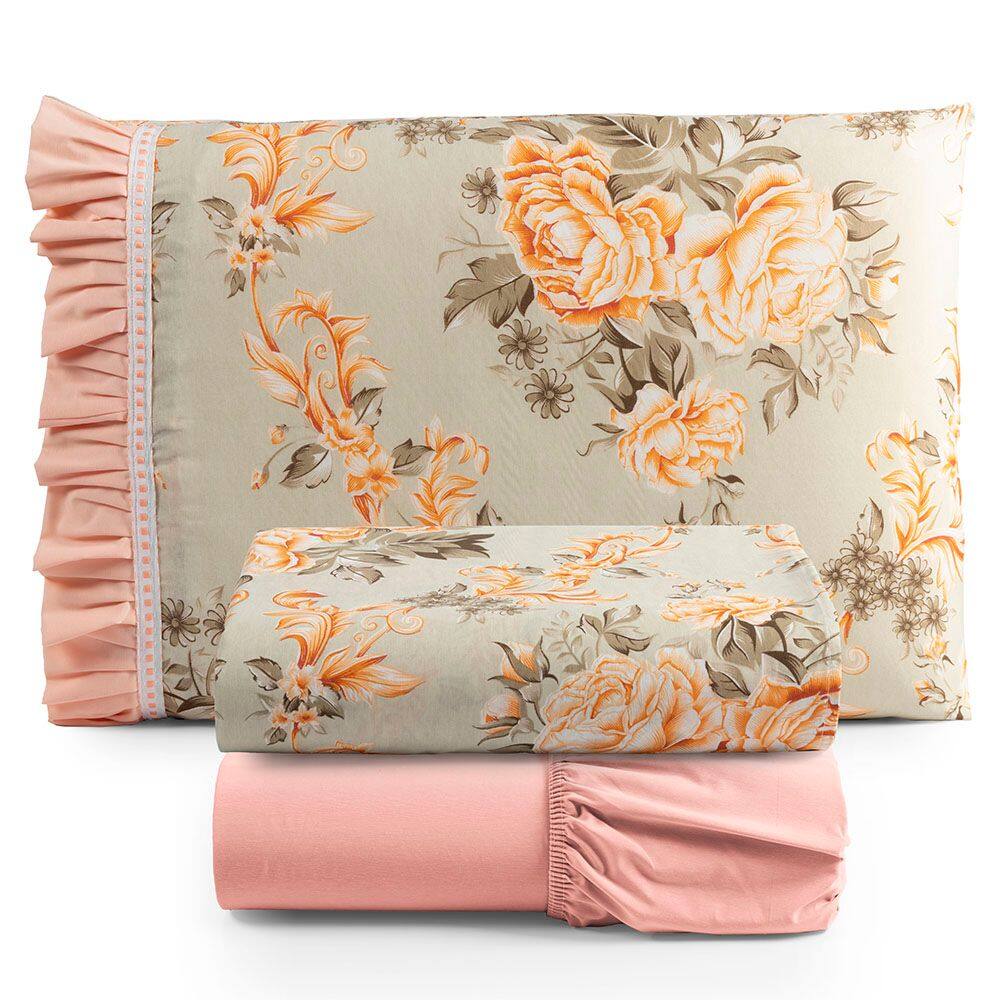 Jogo Cama Lençol Fiore Solteiro Estampado 180 Fios 100% Algodão com Babadinho 3 Peças Salmão Floral